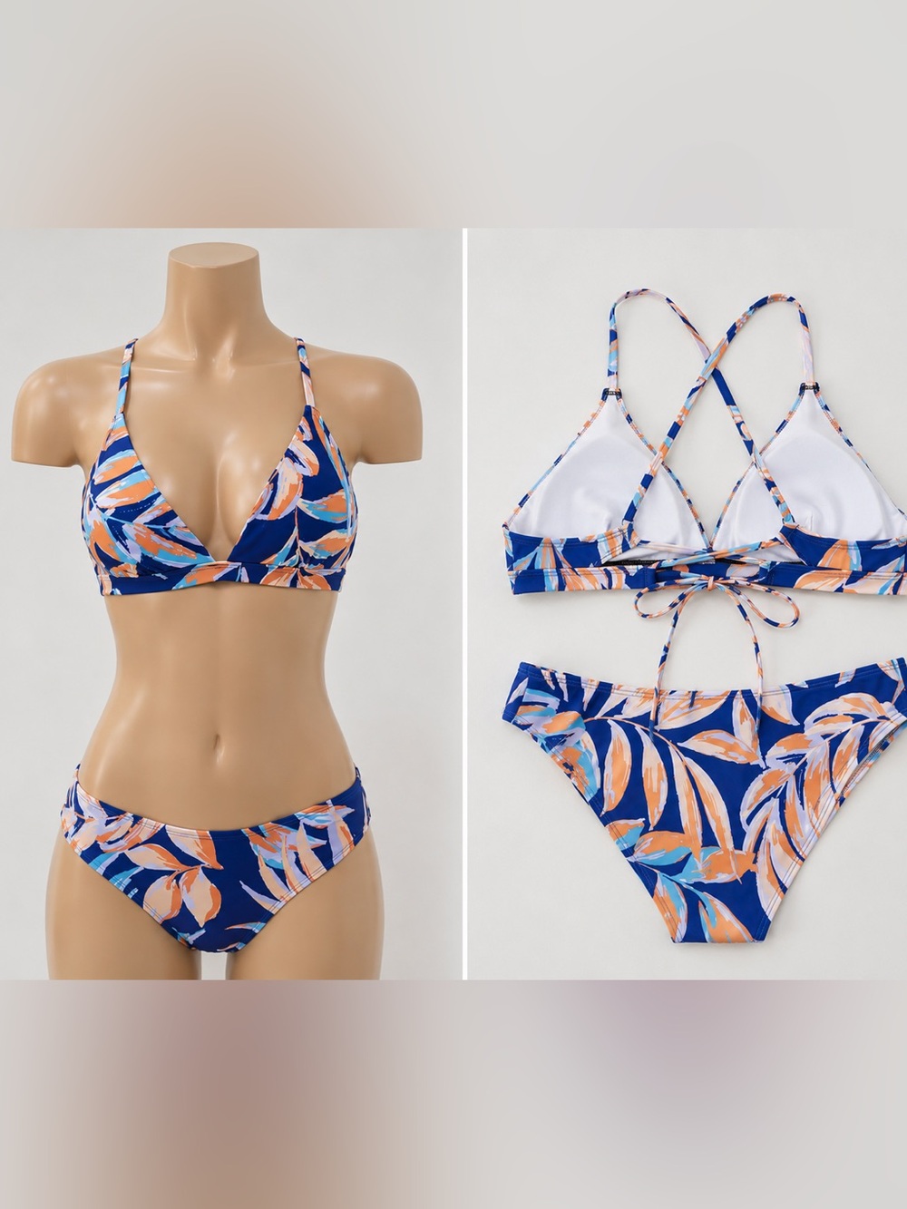 Cupshe Blue Tropical Leaf Print Bikini with Coral Accents